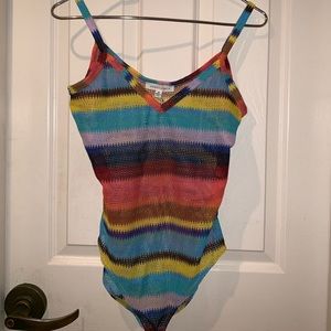 Honey Punch Mesh Cami Bodysuit Rainbow Stripe